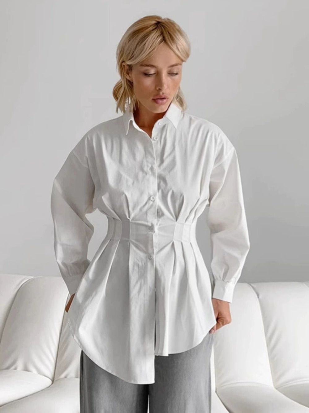 Forever 21 Slim Fit Pleated Waist Long White Shirt Spring Layering